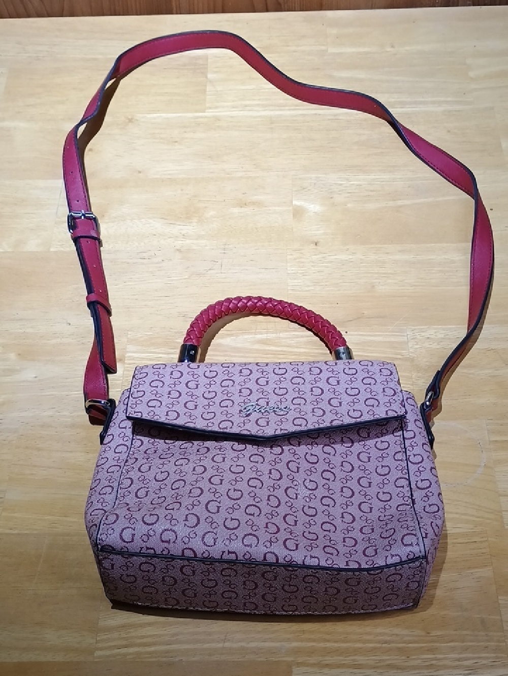 Guess Pink/Cranberry Monogram Crossbody Satchel with Braided Top Handle